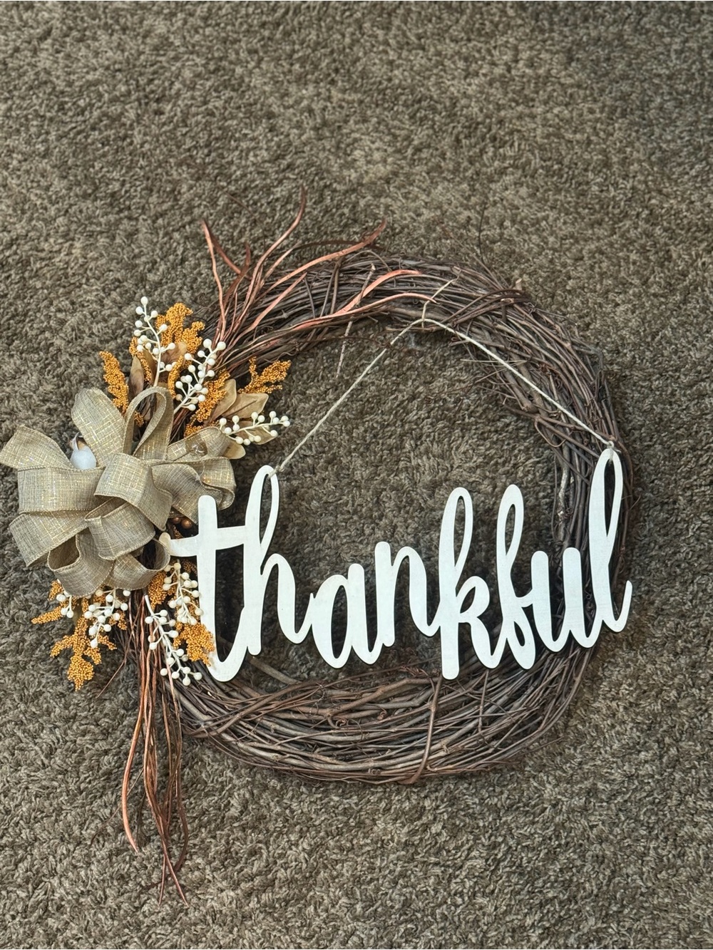 Thankful Rustic Grapevine Wreath with Burlap Bow - White Script